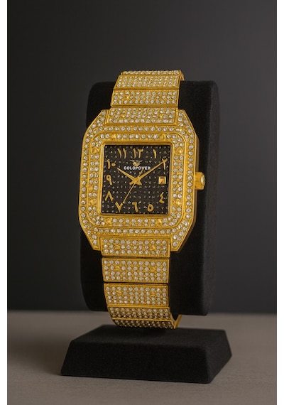 Lüks Taşlı Arapça Rakamlı Takvimli Unisex Kol Saati Gold/içilacivert - 645473413 İki Renk