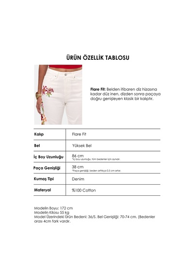 Kadın Kırık Beyaz 7s6-101 Flare Fit Özel Nakışlı Tasarım Denim Jean