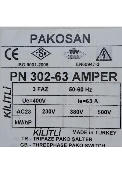 Pakosan 3 Fazlı Aç-Kapa Şalter 63 Amper 0-1