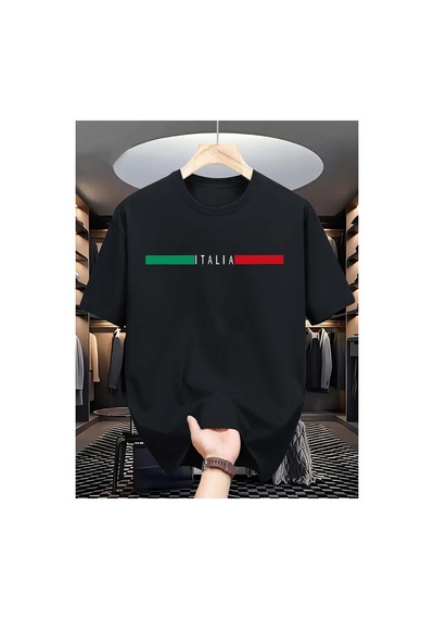 Caddemia Yaz  Moda Rahat Spor Gevşek Italıa Mektup Desen Baskılı Yuvarlak Boyun Siyah 2XL
