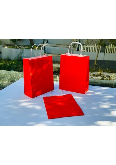 1.kalite 18x8x24cm 3 Lü Kırmızı Renkli Kraft Kağıt Çanta Hediye Poşeti Hediye Paketi Kraft Çanta