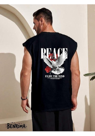 Peace Enjoy The Wind Güvercin Baskılı Kolsuz Tişört SIYAH