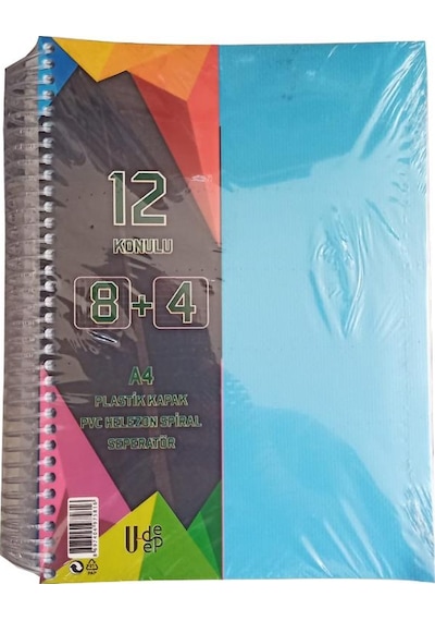 8+4 Ayraçlı Defter 12 Konulu 300 Yaprak 1 Adet 8 Kareli 4 Çizgili Spralli Plastik Kapak Seperatörlü Mavi
