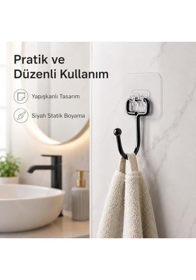 Siyah Güçlü Yapışkanlı Kancalar, Mutfak Ve Ofis İçin 2 Adet 12 Izgara