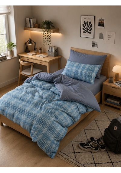 Mystory Home Lastikli Çarşaflı Tek Kişilik Nevresim Takımı Ekose