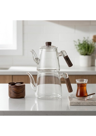 1000 Ml + 750 Ml Akasya Ahşap Kulplu Cam Çaydanlık Takımı - Isıya Dayanıklı Borosilikat Pürüzsüz Şeffaf Tasarım, Yaylı Süzgeçli Lüks Çaydanlık Çok Renkli