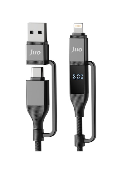 Juo 60w 4'ü 1 Arada Type-c / Usb-a / Lightning Dijital Led Ekranlı Örgülü Hızlı Şarj Ve Data Kablosu 1.2 Metre