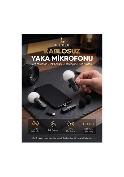 Kablosuz Beyaz Tüylü Siyah Yaka Mikrofonu Type-c Ve İos Girişli 2 Li Set Bluetooth 5.0
