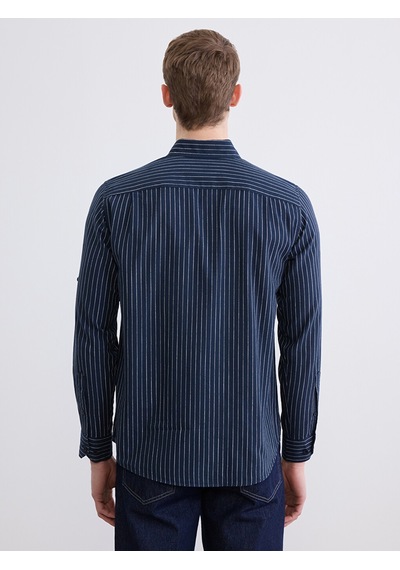 Lcwaıkıkı Classic Lacivert Regular Fit Çizgili Erkek Keten Karışımlı Gömlek