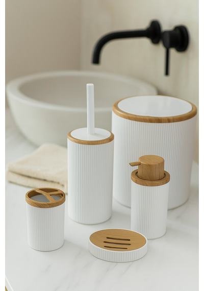 Makri Home Banyo Seti 5'li, Beyaz, Ahşap Desenli, Yuvarlak
