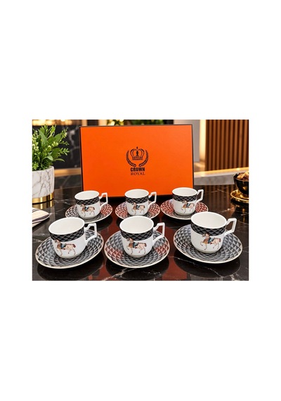 Bone China At Desenli Kahve Fincan Takımı 6 Kişilik Siyah - 932555966 Siyah