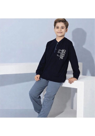 Tarık 11-16 Yaş Erkek Çocuk Pijama Takım Bourghs Baskılı-4227310 - Gri Gri