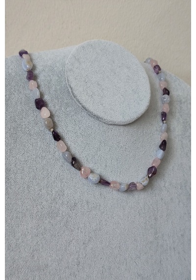Badeaccessories Ametist Akuamarin Pembe Kuvars Amorf Doğaltaş Kolye Altın