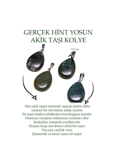Erilsa Sertifikalı Damla Model Yosunlu Hint Akik Taşı Kolye Gümüş Apara Çok Renkli