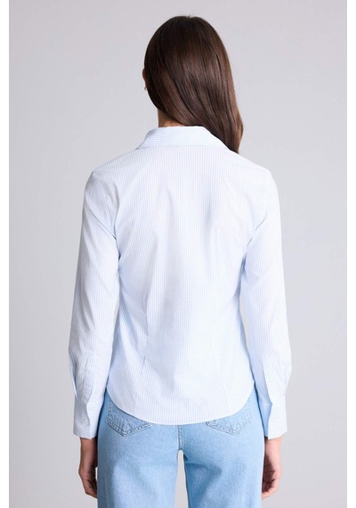 Defacto - Fitted Çizgili Poplin Uzun Kollu Gömlek D3172AX24AU Mavi