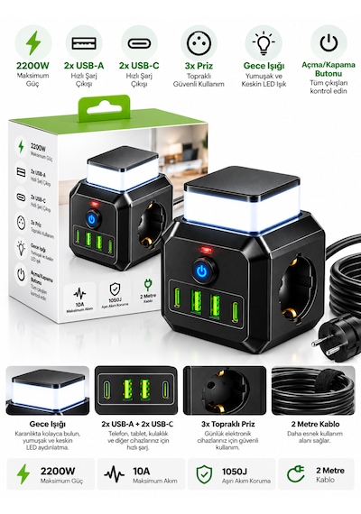Akım Korumalı 3'lü Priz 2200w 1050j 10a Gece Lambalı 2 Usb 2 Type-c Şarj Girişli 0.2 M