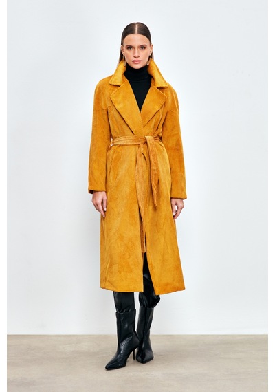 Sateen Uzun Kadife Trençkot - Camel-134017 Camel