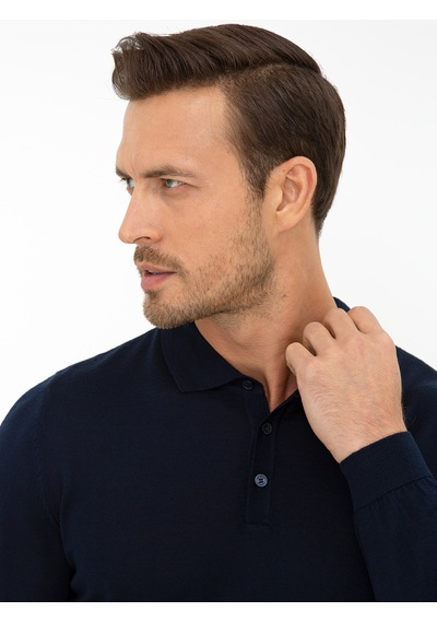 Cacharel Lacivert Slim Fit Polo Yaka Basic Triko Kazak
