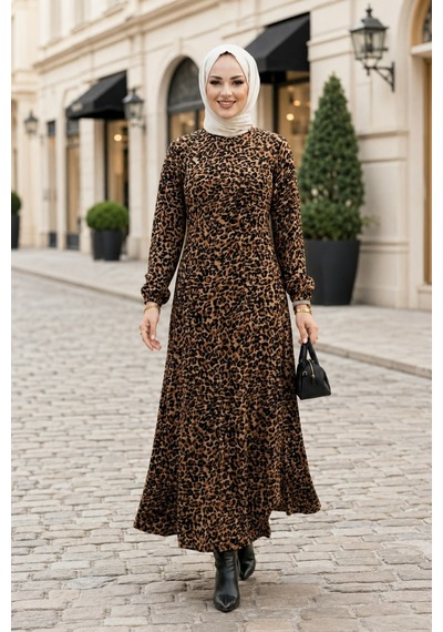 Hb Harma Time Butik Kadın Fermuarlı Leopar Desenli Viskon Tesettür Elbise Siyah Siyah