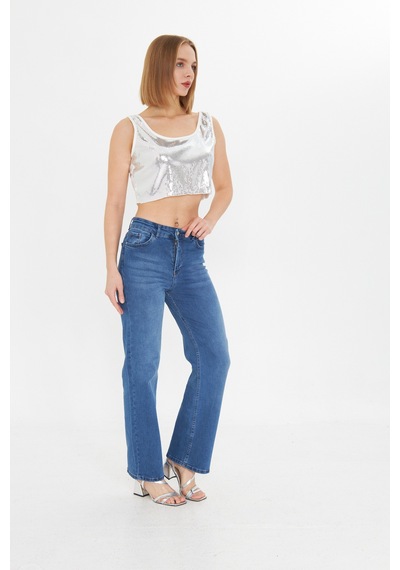 Kutaf Mavi Yüksek Bel Kar Yıkama Likralı Geniş Paça Palazzo Jeans Mavi