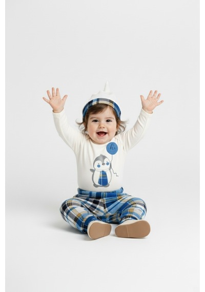 Mnk Baby & Kids Kravatlı Penguen Badi , Pantolon , Şapka Penye Takım Mnk0587 mavi
