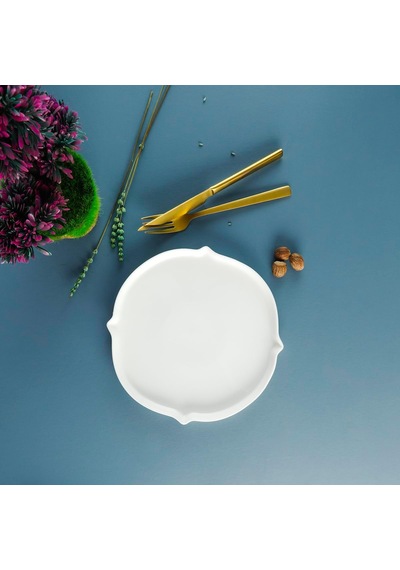 Lexroo Aryıldız Lunar Yuvarlak Servis Tabağı Porselen Kabartmalı Beyaz 23 Cm