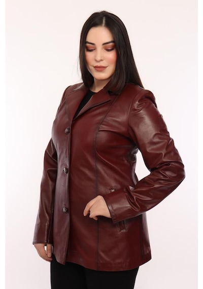 Hakiki Kuzu Derisi Blazer Düğmeli Kadın Ceket Bordo Bordo