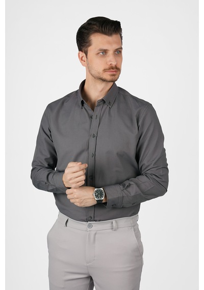 Füme Yaka Düğmeli Premium Şamre Slimfit Erkek Gömlek Füme