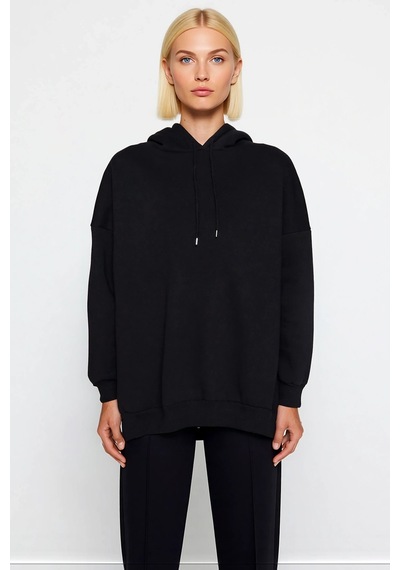 Benerly Kadın Kapüşonlu Düşük Kol Örme Geniş Kalıp Sweatshirt Fonksiyonel Gri Melanj