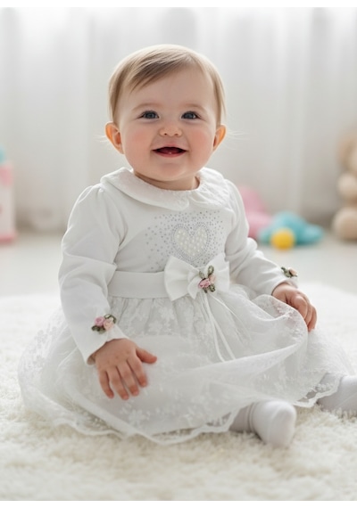 Mnk Baby & Kids Kız Bebek Taşlı Dantel Mevlit Elbise M00767 ekru