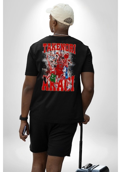 Basketbol Akagi Takenori Anime Slam Dunk Karakter Pamuklu Unisex Oversize Sırt Dijital Baskılı Siyah T-shirt Siyah