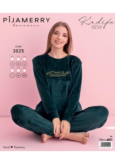Pijamerry Kadın Kışlık Bisiklet Yaka Kadife Pijama Takımı 3025p - 1 Adet Petrol