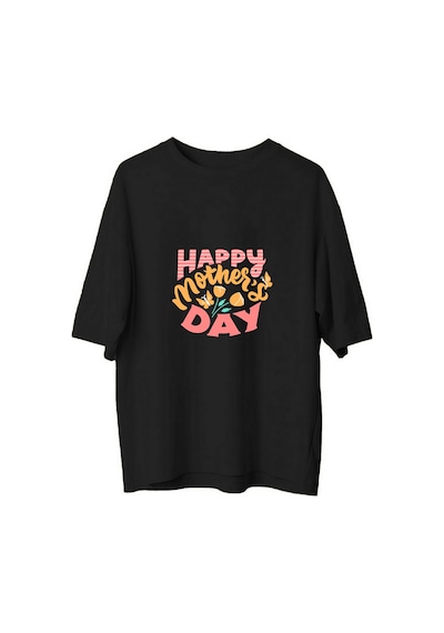 Paybuy Kadın Oversize Anne Günü Baskılı Kısa Kollu Tişört %100 Pamuk Rah Siyah