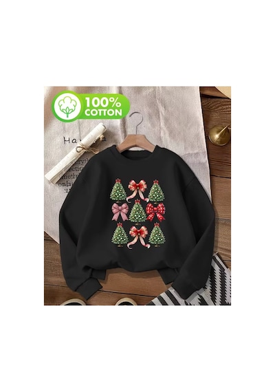 Herkesemoda Noel Kediler Baskı Detaylı Bisiklet Yaka Sweatshırt Siyah