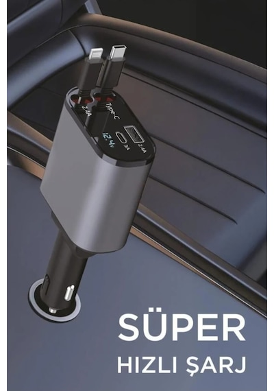 100w Süper Hızlı Araç Şarj Cihazı Çift Type-c & Lightning Kablo, Dijital Göstergeli, 80cm Kablo
