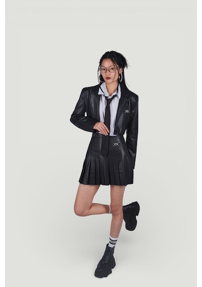 Holly Lolly Fermuar Kapamalı Pileli Mini College Deri Etek Siyah
