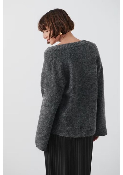 Madmext Antrasit V Yaka Oversize Kadın Triko Kazak Mg2149-antrasit Antrasit