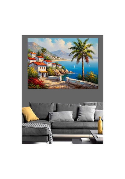 Deniz Manzaralı Çiçekli Balkon Köşesi Yağlı Boya Dokulu Kanvas Tablo Canvas Tablosu