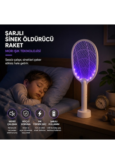 Şarjlı Sinek Öldürücü Raket 5w Mor Işık Uv Sinek Kovucu, Masaüstü Standlı, Usb Şarjlı Elektrikli Böcek Öldürücü 001
