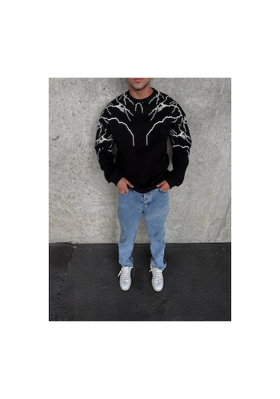 Erkek 3 İplik Pamuklu Yıldırım Baskılı Bisiklet Yaka Sweatshirt - Siyah