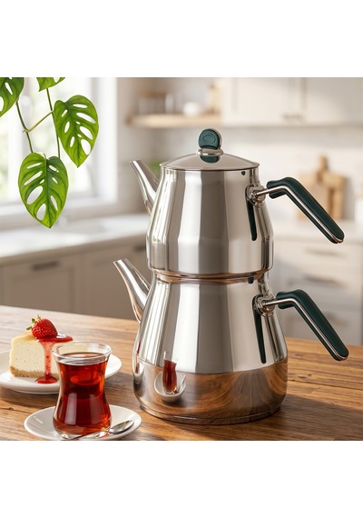 Porsima 1027-2 Prizma Bakalit Metal Kulp Mega Boy Paslanmaz Çelik Çaydanlık Takımı Yeşil - 2,20-4 Lt