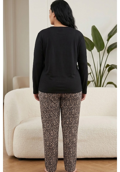 Siyah İnci Pamuklu Likralı Büyük Beden Battal Boy Örme Pijama Takım 26240886 Siyah