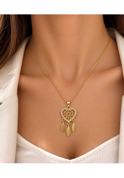 Kalp Figürlü Dreamcatcher Çelik Gold Kolye