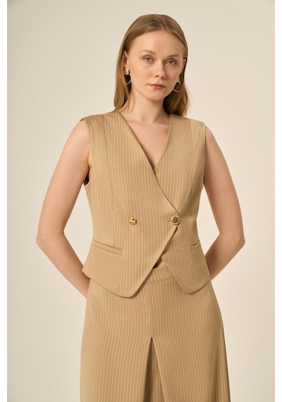 Ftz Women Kadın Yelek Etek Çizgili Takım Beige 31147 Beige