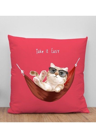 Bk Gift Kedi Tasarımlı Kırmızı Kırlent Yastık, Arkadaşa Hediye, Ev Dekorasyonu, Ev Hediyesi-2