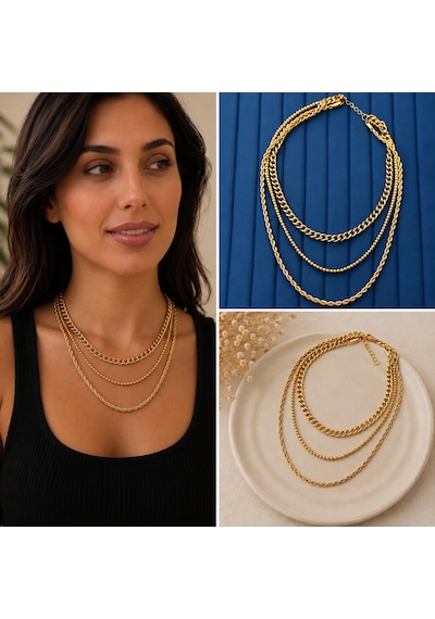 Premium Gold Renk Parlak Ve Şık 3'lü Katmanlı Zincir Kombin 316l Çelik Kadın Kolye 45cm Altin