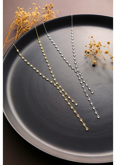 Queen Silver Jewelry 925 Ayar Gümüş Zirkon Taşlı Tamtur 2 Li Y Kolye Altın