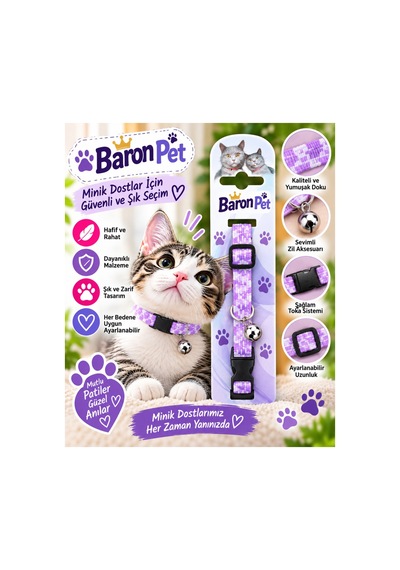 Kedi Tasması Mor Lila Dama Desenli Zilli Ayarlanabilir Boyun Tasması