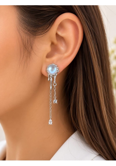 Cm Jewelry Zirkon Taşlı Yıldız Detaylı Sallantılı Gümüş Renk Çelik Küpe