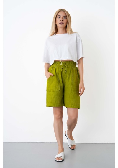 The Voler Müslin Şort Kadın Yüksek Bel Oversize Rahat Kesim Cepli %100 Pamuklu Yazlık Şort Yeşil The Voler Müslin Şort Kadın Yüksek Bel Oversize Rahat Kesim Cepli %100 Pamuklu Yazlık Şort Yeşil
